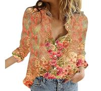 Camicette Donna Estiva Curvy Camicie Cotone e Lino Leggera Scollo a V Camicia Manica Lunga Boho Maglietta Casual Floreale Camice Elegante Fantasia Blusa con Bottoni Taglie Forti Vintage Tops