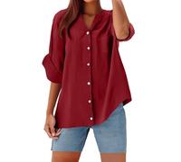Camicette e camicette da donna di grandi dimensioni - Camicia antipiega da donna, camicetta a maniche lunghe, con bottone alto a collo alto, tinta unita, camicia larga, abbigliamento casual, rosso