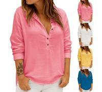 Camicette e camicette da donna di grandi dimensioni, camicia da donna a manica lunga, camicetta a bottone alto, casual, top vintage, tinta unita, camicia corta in cotone e lino loungewear, bianco, XL