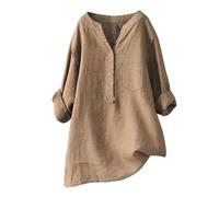 Camicette e camicette da donna di grandi dimensioni, top da donna in cotone lino camicia casual camicetta ampia camicetta a collo alto tinta unita con scollo a V top manica lunga abbigliamento metà