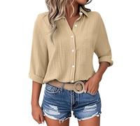 Camicette e camicette da donna, t-shirt a maniche corte, maglietta da donna, scollo a V, camicia a tunica con bottoni estivi casual ampia camicetta tinta unita abbigliamento grande, Z2*Cachi, XL