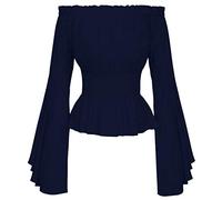 Camicette e Top, Donna Retrò Vintage Slash Neck Solid Flare Manica Camicia Casual Sciolto Top Camicetta, Camicette per le Donne Elegante (Navy L/XL)