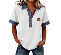 Camicette eleganti da lavoro per le donne a maniche corte con scollo a V in denim patchwork con bottoni a tunica magliette primavera estate per uscire, bianco, M