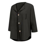Camicette estive da donna con maniche a 3/4, bottoni sul davanti, in cotone e lino, stile casual, Grigio scuro, M