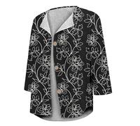Camicette estive da donna, con stampa floreale, maniche a 3/4, camicia da spiaggia, leggera, casual, con bottoni, Nero , 5XL