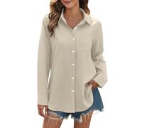 Camicette in cotone a maniche lunghe da donna, camicia di lino da donna con bottoni e colletto affusolato in vita camicia basic spalle scese camicia leggera camicetta casual per uscire, cachi, L