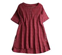 Camicette in lino di cotone da donna a maniche corte t-shirt casual sciolto tinta unita t-shirt Comfy girocollo cotone e lino camicetta di grandi dimensioni camicetta vacanza, rosso, XXL