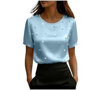Camicette in raso da donna eleganti eleganti a maniche corte con perle perline scollo a V top da donna elegante casual per uscire t-shirt, Z02-azzurro, XXL
