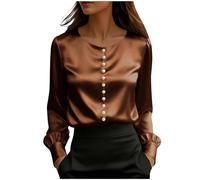 Camicette in raso da donna eleganti eleganti a maniche corte con perle perline scollo a V top da donna elegante casual per uscire t-shirt, Z03-marrone, L