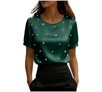 Camicette in raso da donna eleganti eleganti a maniche corte con perle perline scollo a V top da donna elegante casual per uscire t-shirt, Z02-verde nerastro, M