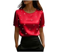 Camicette in raso da donna eleganti eleganti a maniche corte con perle perline scollo a V top da donna elegante casual per uscire t-shirt, Z02-rosso, M