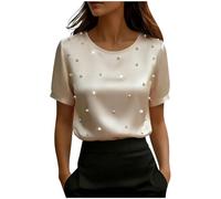 Camicette in raso da donna eleganti eleganti a maniche corte con perle perline scollo a V top da donna elegante casual per uscire t-shirt, Z02-cachi, L