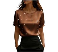 Camicette in raso da donna eleganti eleganti a maniche corte con perle perline scollo a V top da donna elegante casual per uscire t-shirt, Z02-marrone, L