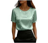 Camicette in raso da donna eleganti eleganti a maniche corte con perle perline scollo a V top da donna elegante casual per uscire t-shirt, Z02-verde chiaro, XL