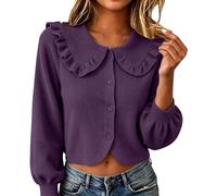 Camicette in velluto a coste per le donne con colletto alla Peter Pan | Elegante maniche a bolla camicetta top colletto con risvolto giacca corta cardigan oversize per autunno inverno casual festa