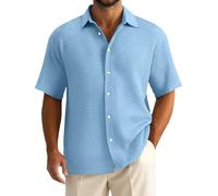 Camicia a Bottoni con Mezzo Maniche e Texture per Uomini, in Cotone, Casual, per Vacanze e Spiaggia, Leggera, Ampia, Top d'Estate(Sky Blue, XXXXXL)
