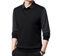 Camicia a due pezzi falsa a righe da uomo a maniche lunghe, top a maniche lunghe con risvolto a due pezzi da uomo, maglione casual, Nero , 3XL