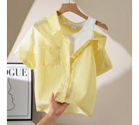 Camicia a maniche corte a righe per ragazze pre-adolescenti, stile 2 in 1, giallo pastello, estiva, casual, scuola, ritorno a scuola, abbigliamento quotidiano alla moda per esibizioni 8Y,9Y,10Y,11Y,12