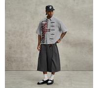 Camicia a maniche corte con bottoni, a righe bianche e nere, con stampa di lettere, vestibilità ampia, stile cinese nuovo con colletto alla coreana, per uomo, stile streetwear, essenziale per le vacan