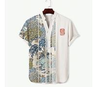 Camicia a maniche corte con bottoni collo a V casual stampa arte giapponese top