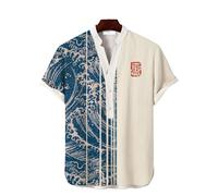 Camicia a maniche corte con bottoni collo a V casual stampa arte giapponese top