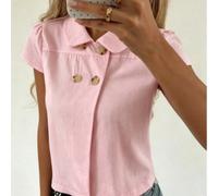 Camicia a maniche corte con colletto alla Peter Pan in stile preppy Y2K, top casual e da ufficio rosa per l'estate L,M,S,XL,XSColore unicoTessuto intrecciato