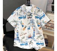 Camicia a maniche corte con colletto polo, grafica di palme, casual e preppy, adatta per ragazzi adolescenti, per pendolarismo, scuola, uso casual quotidiano, sport, primavera/estate, vacanze 8Y,9Y,10