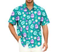 Camicia a maniche corte con coniglietto pasquale, stampa uovo per una comoda vita quotidiana, stile casual come maglietta leggera con bottoni, motivo spiaggia, Celeste., 5XL