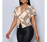 Camicia a maniche corte con scollo a V e stampa geometrica per primavera/estate, perfetta per una festa in vacanza elegante. L,M,S,XLColore unicoTessuto