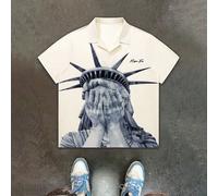Camicia a maniche corte con stampa della Statua della Libertà, stile casual da strada, camicia a quadri con elementi divertenti da celebrità, adatta per l'estate, la Pasqua, le vacanze al mare L,M,S,X