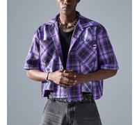 Camicia a maniche corte con trama a quadri viola e nera, stile da strada, adatta per la scuola e lo streetwear L,M,S,XL,XS,XXL,XXS,XXXL,XXXXLquadriTessuto intrecciato