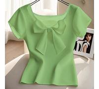 Camicia a maniche corte con volant sull'orlo e colletto carino, con laccio frontale, adatta all'estate per le donne L,M,S,XLColore unicoTessuto