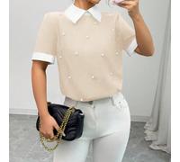 Camicia a maniche corte da donna con colletto Peter Pan, impreziosita da perle, a blocchi di colore a contrasto, adatta per primavera ed estate L,M,S,XLTessuto intrecciato