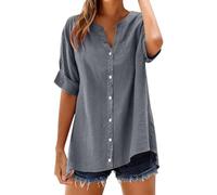 Camicia a maniche corte da donna, elegante in lino, in cotone e lino, con scollo a V, leggera, traspirante, in lino, estiva, con bottoni, casual, a maniche lunghe, grigio scuro, XL
