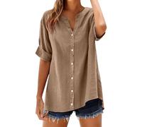 Camicia a maniche corte da donna, elegante in lino, in cotone e lino, con scollo a V, leggera, traspirante, in lino, estiva, con bottoni, casual, a maniche lunghe, cachi, 5XL