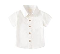 Camicia a maniche corte da ragazzo alla moda tinta unita con bottoni per e grandi con tasche da 2 a 8, multicolore opzionale per bambini con papillon, bianco, 3-4 Anni