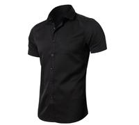 Camicia A Maniche Corte da Uomo - Camicia Elastica Cardigan Uomo Camicie Eleganti Estive Business Ufficio Lavoro Top Formali Bottone con Risvolto Abiti Classici di Moda, Nero, XL