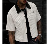 Camicia a maniche corte da uomo comoda con motivo jacquard a righe verticali, caratterizzata da un elegante design ricamato con lettera, adatta per occasioni casual, vacanze, uscite con amici, feste, 