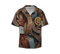 Camicia a maniche corte da uomo con cintura vintage - Camicia casual con bottoni, abbigliamento da spiaggia per vacanze, nero, M