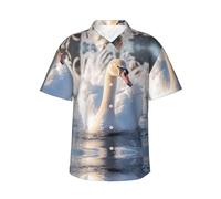 Camicia a maniche corte da uomo con stampa di cigni bianchi, stile hawaiano, camicia estiva da viaggio, S-3XL, Nero , 3XL
