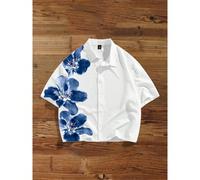 Camicia a maniche corte da uomo con stampa floreale blu su tutto il capo, adatta per vacanze in isola e uso casual quotidiano L,M,S,XL,XS,XXLPianteTessuto intrecciato