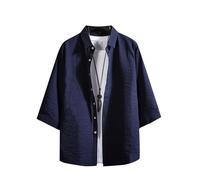 Camicia a maniche corte da uomo in cotone e lino tinta unita con maniche di sette minuti, camicia da ragazzo larga, taglie forti da uomo 43, Blu, 6XL