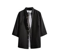 Camicia a maniche corte da uomo in cotone e lino tinta unita con maniche di sette minuti, camicia da ragazzo larga, taglie forti da uomo 43, Nero , L
