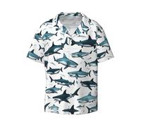 Camicia a maniche corte da uomo, motivo squalo con vari gesti, stampa con bottoni, camicia estiva hawaiana casual per vacanze e spiaggia, Nero, XXL
