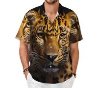 Camicia a maniche corte leopardata dagli occhi profondi - Top estivo casual con bottoni, nero, 4X-Large-8X-Large
