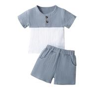 Camicia a maniche corte per bambini, 2 pezzi, in morbido misto cotone, top e pantaloncini, abbigliamento estivo per bambini, con bottoni a blocchi di colore, completo basic per bambini (blu, 3-6 mesi)