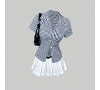 Camicia a maniche corte retrò da donna dalla vestibilità slim, in stile retrò di Hong Kong, con collo alla polo, mini plaid, versatile per tutte le occasioni, ideale per la primavera/estate L,M,S,XL,X