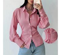 Camicia a maniche lunghe a righe blu e bianche da donna, camicia con vita annodata, camicia casual da pendolare, camicia da vacanza, camicia a righe con vita stretta, adatta per primavera, estate, aut