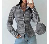 Camicia a maniche lunghe a righe blu e bianche da donna, camicia con vita annodata, camicia casual da pendolare, camicia da vacanza, camicia a righe con vita stretta, adatta per primavera, estate, aut
