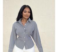 Camicia a maniche lunghe a righe blu e bianche da donna, camicia con vita annodata, camicia casual da pendolare, camicia da vacanza, camicia a righe con vita stretta, adatta per primavera, estate, aut